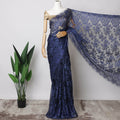 Navy Blue French Metallic Chantilly Lace Fabric with Stone Work, 5.5 Meters-110 Cms-D21039 Regal Fabrics
