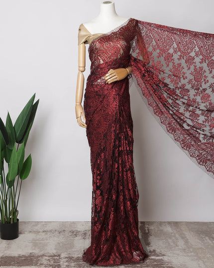 Deep Red French Metallic Chantilly Lace Fabric with Stone Work, 5.5 Meters-110 Cms-D21040