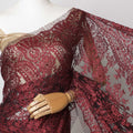 Deep Red French Metallic Chantilly Lace Fabric with Stone Work, 5.5 Meters-110 Cms-D21040 Regal Fabrics