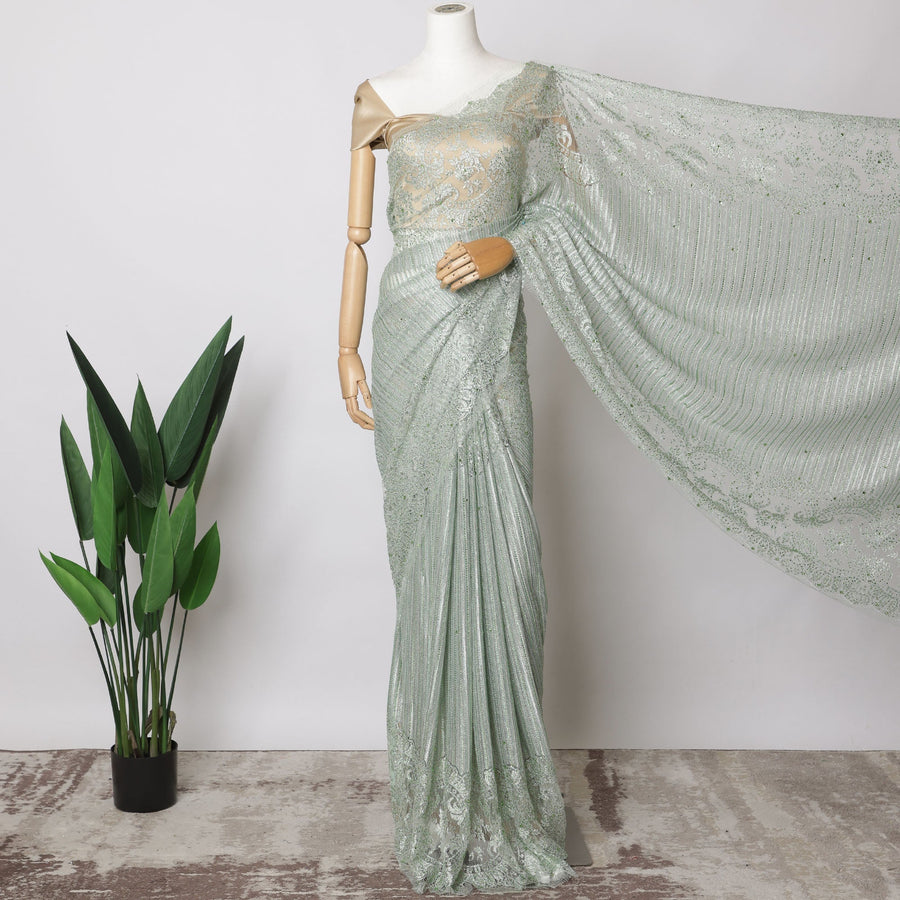 Mint Green French Metallic Chantilly Lace Fabric with Stone Work, 5.5 Meters-110 Cms-D21042 Regal Fabrics