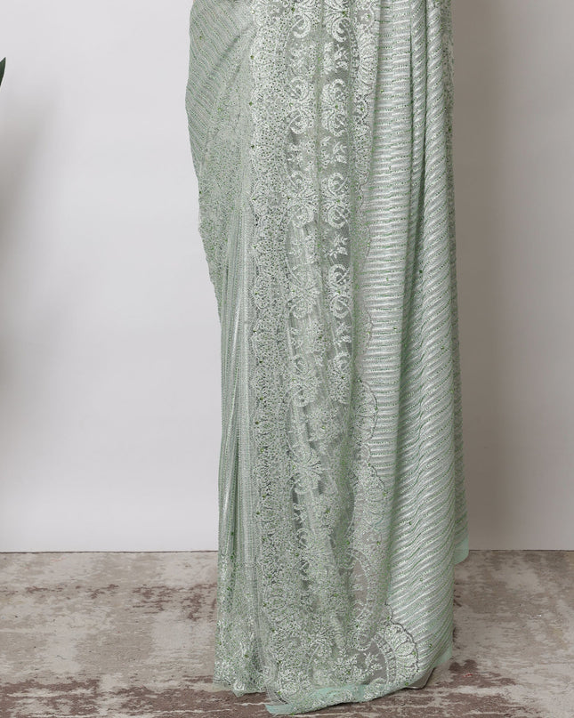 Mint Green French Metallic Chantilly Lace Fabric with Stone Work, 5.5 Meters-110 Cms-D21042