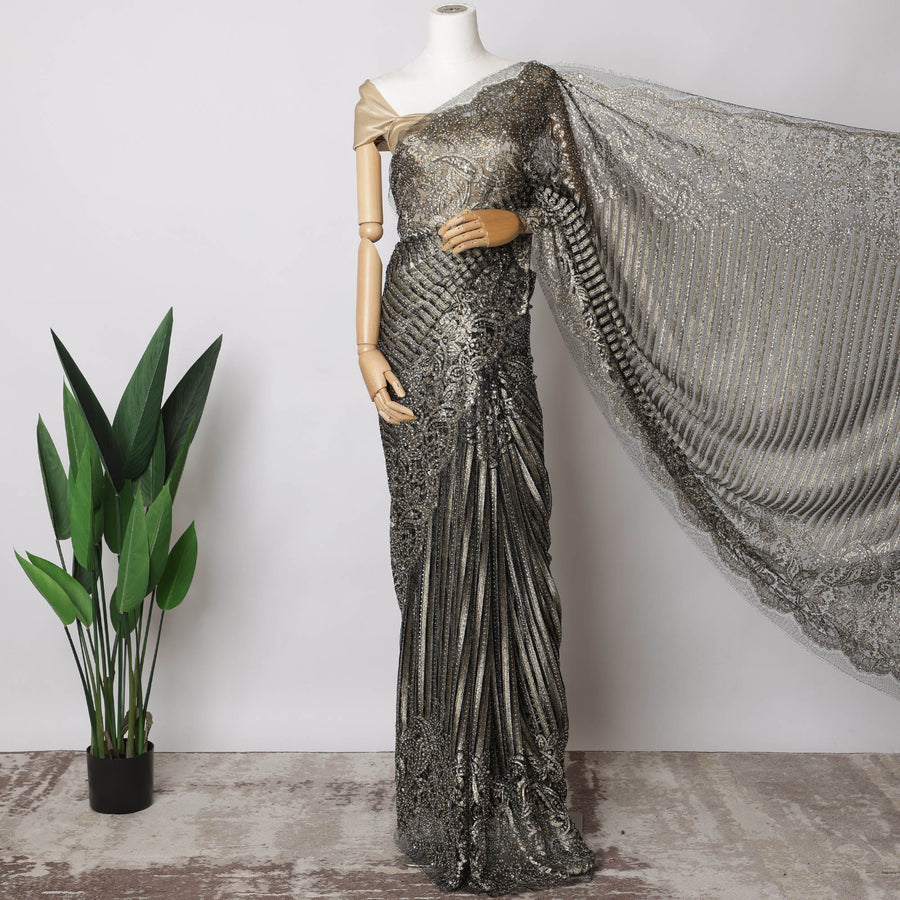 Black, Gold French Metallic Chantilly Lace Fabric with Stone Work, 5.5 Meters-110 Cms-D21043 Regal Fabrics