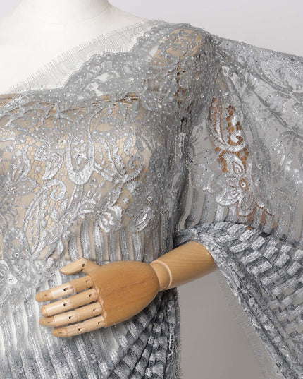 Grey, Silver French Metallic Chantilly Lace Fabric with Stone Work, 5.5 Meters-110 Cms-D21044