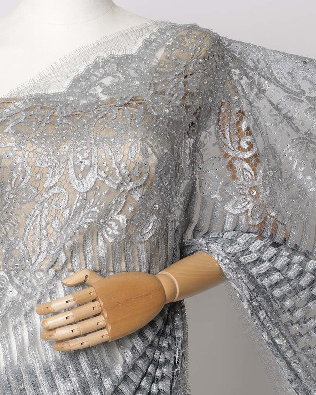 Grey, Silver French Metallic Chantilly Lace Fabric with Stone Work, 5.5 Meters-110 Cms-D21044