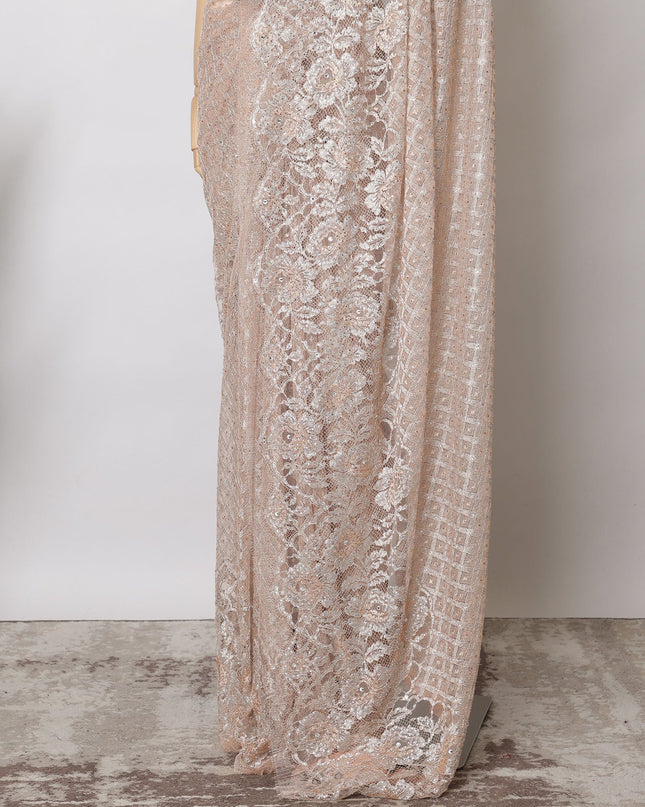 Blush Peach French Metallic Chantilly Lace Fabric with Stone Work, 5.5 Meters-110 Cms-D21045