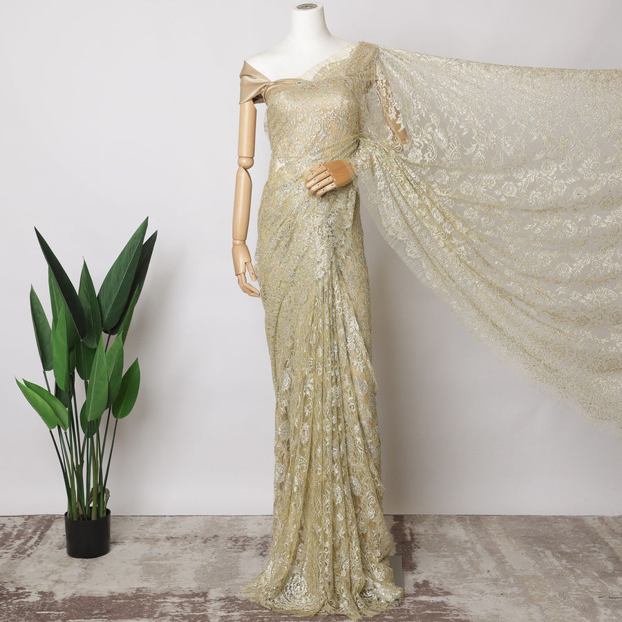 Champagne Gold French Metallic Chantilly Lace Fabric with Stone Work, 5.5 Meters-110 Cms-D21048 Regal Fabrics