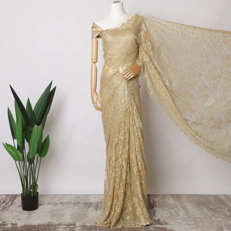 Gold French Metallic Chantilly Lace Fabric with Stone Work, 5.5 Meters-110 Cms-D21050 Regal Fabrics