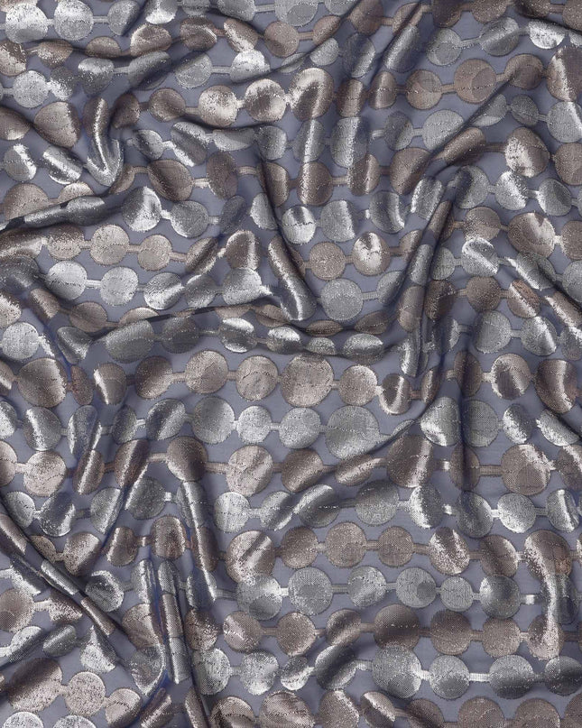 Navy Blue Premium Silk Chiffon Fabric with Metallic Lurex Circles, 110 cm Width, Made in France-D21150