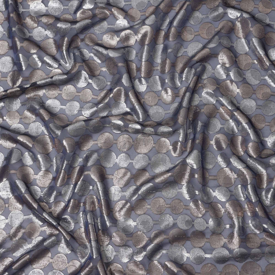 قماش شيفون حرير أزرق داكن فاخر مع دوائر لوريكس معدنية، عرض 110 سم، صنع في فرنسا - D21150