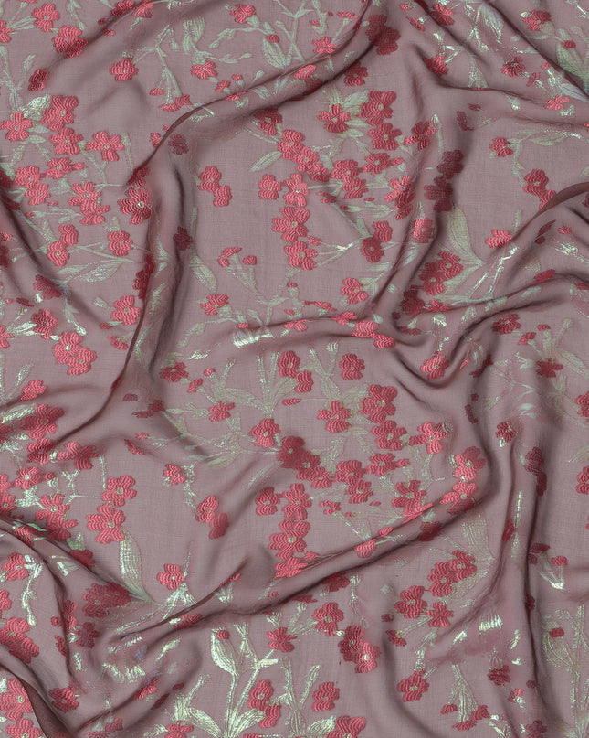 Brown Silk Chiffon Fabric with Pink Floral Embroidery and Metallic Lurex, 110 cm Width, Made in South Korea-D21151