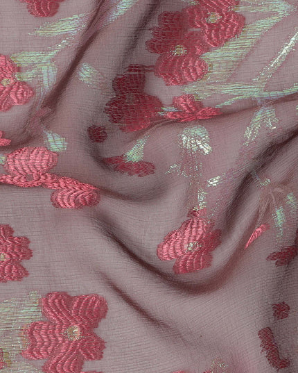 Brown Silk Chiffon Fabric with Pink Floral Embroidery and Metallic Lurex, 110 cm Width, Made in South Korea-D21151