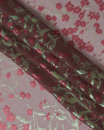 Brown Silk Chiffon Fabric with Pink Floral Embroidery and Metallic Lurex, 110 cm Width, Made in South Korea-D21151