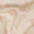 Beige Silk Chiffon Fabric with Pink Floral Embroidery and Metallic Lurex, 110 cm Width, Made in South Korea-D21152