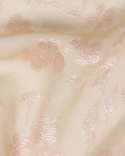 Beige Silk Chiffon Fabric with Pink Floral Embroidery and Metallic Lurex, 110 cm Width, Made in South Korea-D21152