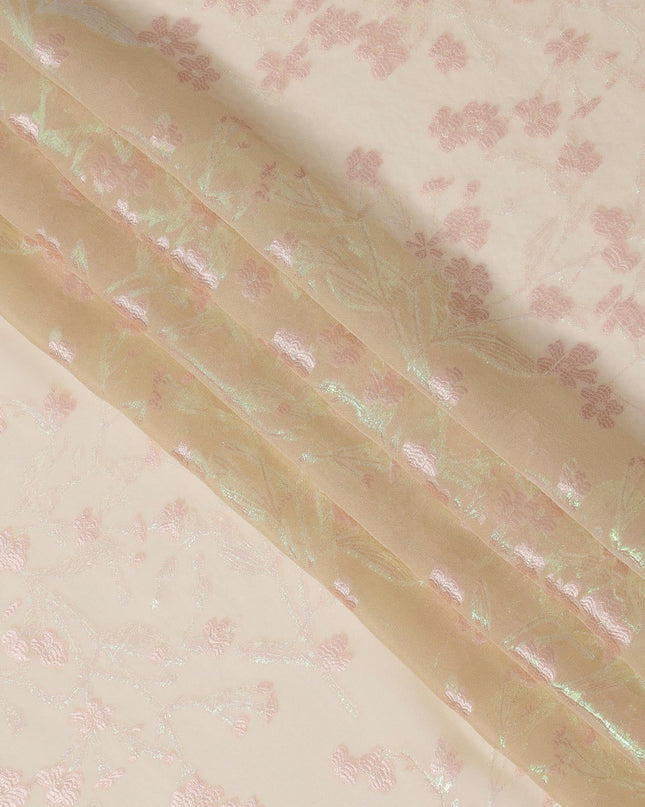 Beige Silk Chiffon Fabric with Pink Floral Embroidery and Metallic Lurex, 110 cm Width, Made in South Korea-D21152