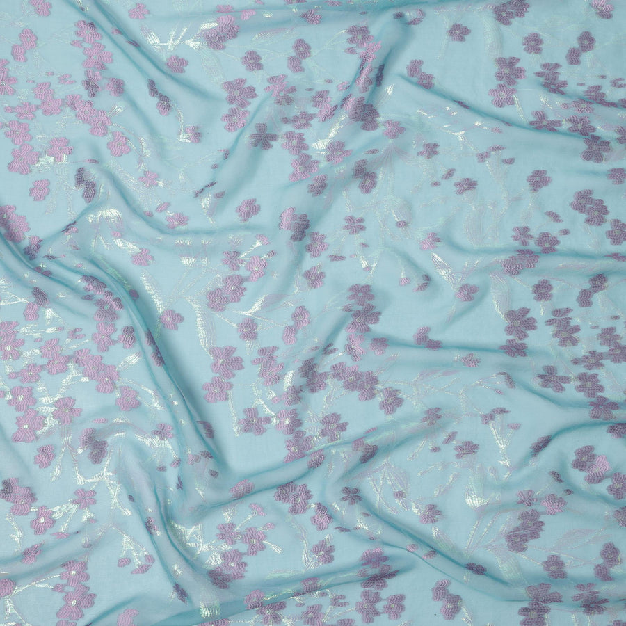 قماش شيفون حرير أزرق مائي مع تطريز زهور لافندر ولوركس معدني، عرض 110 سم، صنع في كوريا الجنوبية-D21153