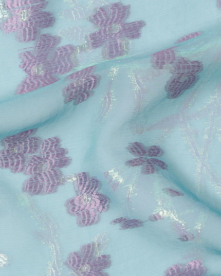 Aqua Blue Silk Chiffon Fabric with Lavender Floral Embroidery and Metallic Lurex, 110 cm Width, Made in South Korea-D21153