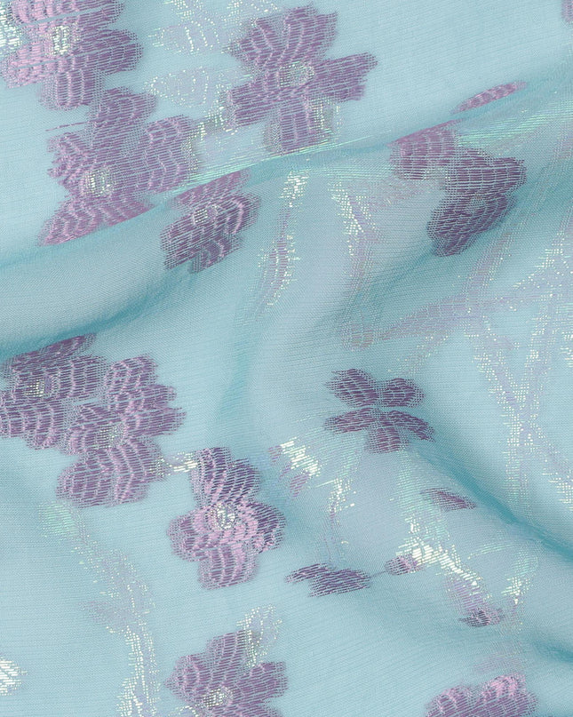 Aqua Blue Silk Chiffon Fabric with Lavender Floral Embroidery and Metallic Lurex, 110 cm Width, Made in South Korea-D21153