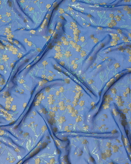 Royal Blue Silk Chiffon Fabric with Gold Floral Embroidery and Metallic Lurex, 110 cm Width, Made in South Korea-D21154