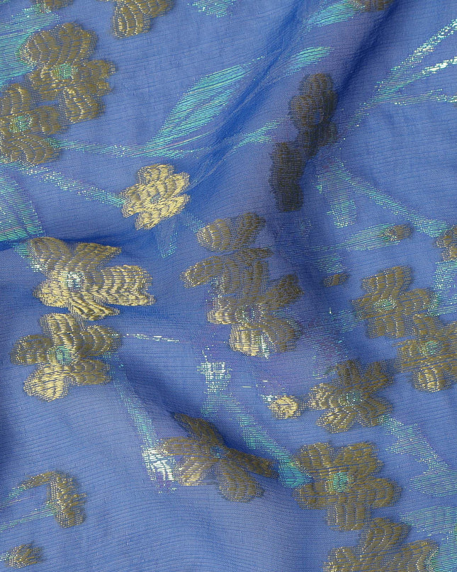 Royal Blue Silk Chiffon Fabric with Gold Floral Embroidery and Metallic Lurex, 110 cm Width, Made in South Korea-D21154