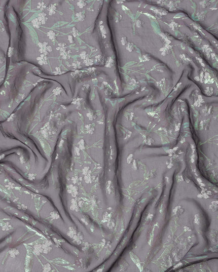 Grey Silk Chiffon Fabric with Silver Floral Embroidery and Metallic Lurex, 110 cm Width, Made in South Korea-D21155