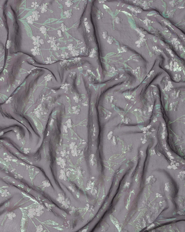 Grey Silk Chiffon Fabric with Silver Floral Embroidery and Metallic Lurex, 110 cm Width, Made in South Korea-D21155