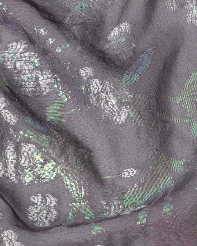 Grey Silk Chiffon Fabric with Silver Floral Embroidery and Metallic Lurex, 110 cm Width, Made in South Korea-D21155