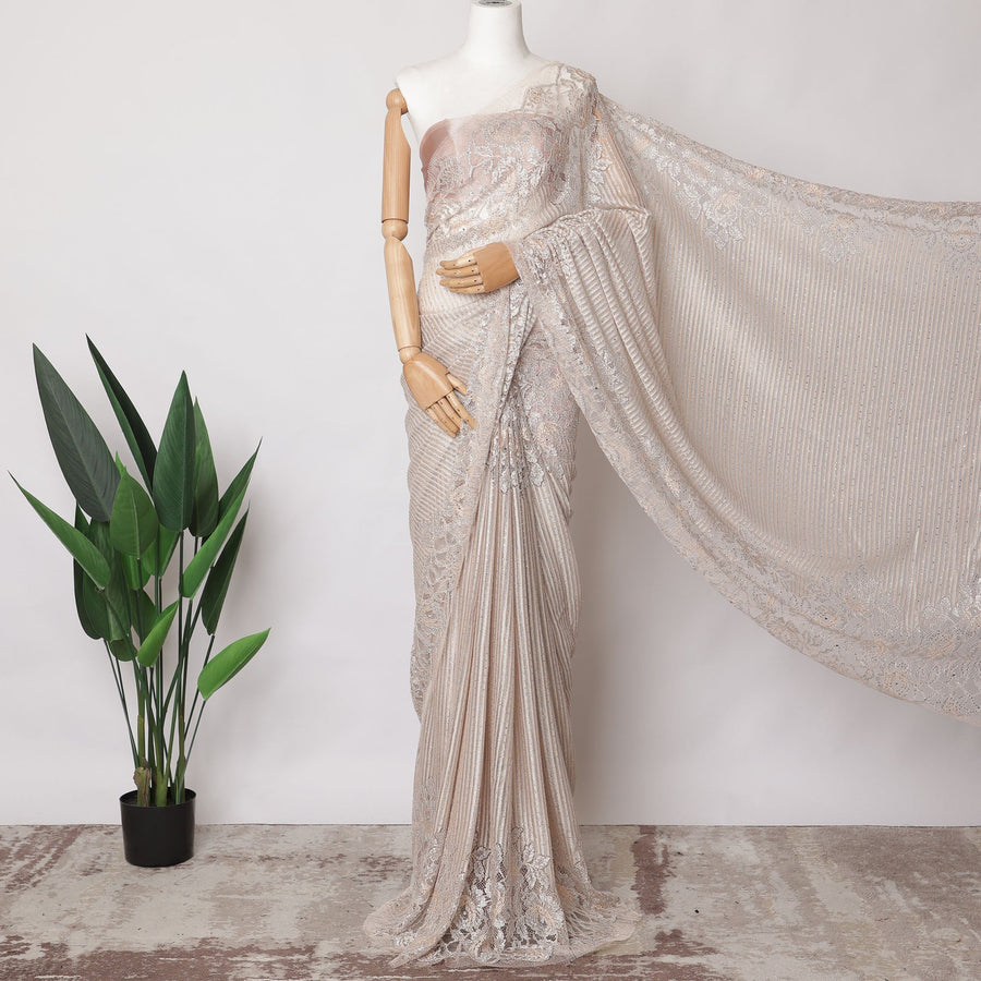 Champagne Metallic French Chantilly Lace Fabric with Stone Work, 5.5 Meters, 110 cm Width-EC-402-0021458 Regal Fabrics
