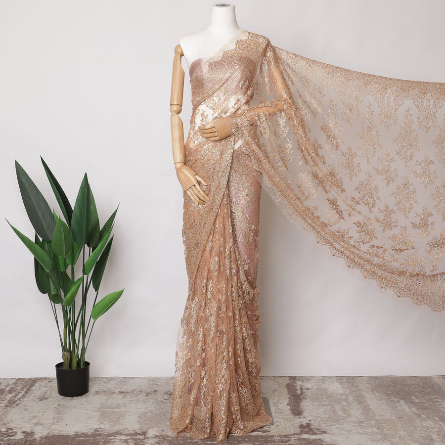 Rose Gold Metallic French Chantilly Lace Fabric with Stone Work, 5.5 Meters, 110 cm Width-EC-402-0021460