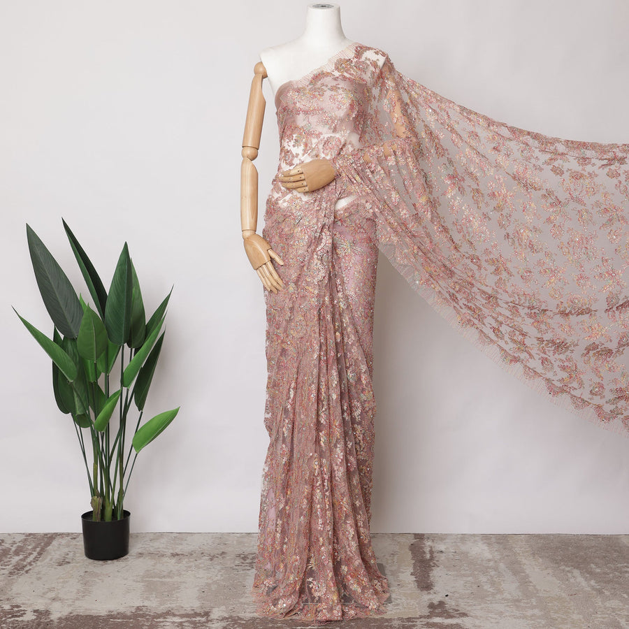 Blush Pink Metallic French Chantilly Lace Fabric with Stone Work, 5.5 Meters, 110 cm Width-EC-402-0021461