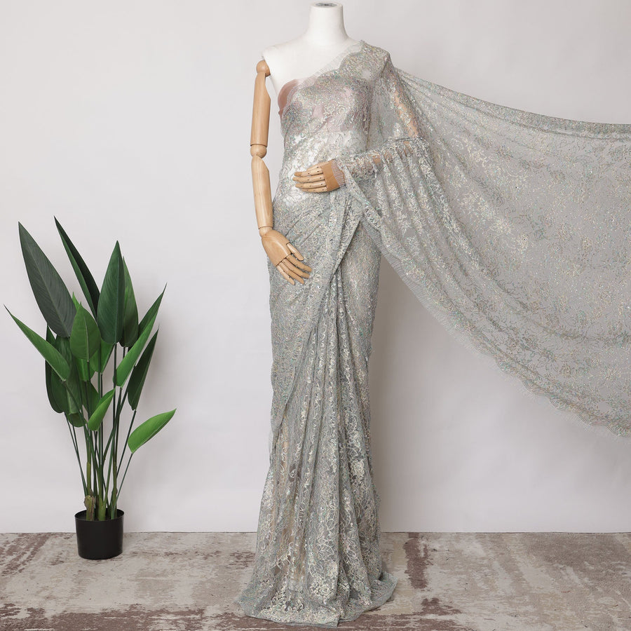 Powder Blue Metallic French Chantilly Lace Fabric with Stone Work, 5.5 Meters, 110 cm Width-EC-402-0021462 Regal Fabrics