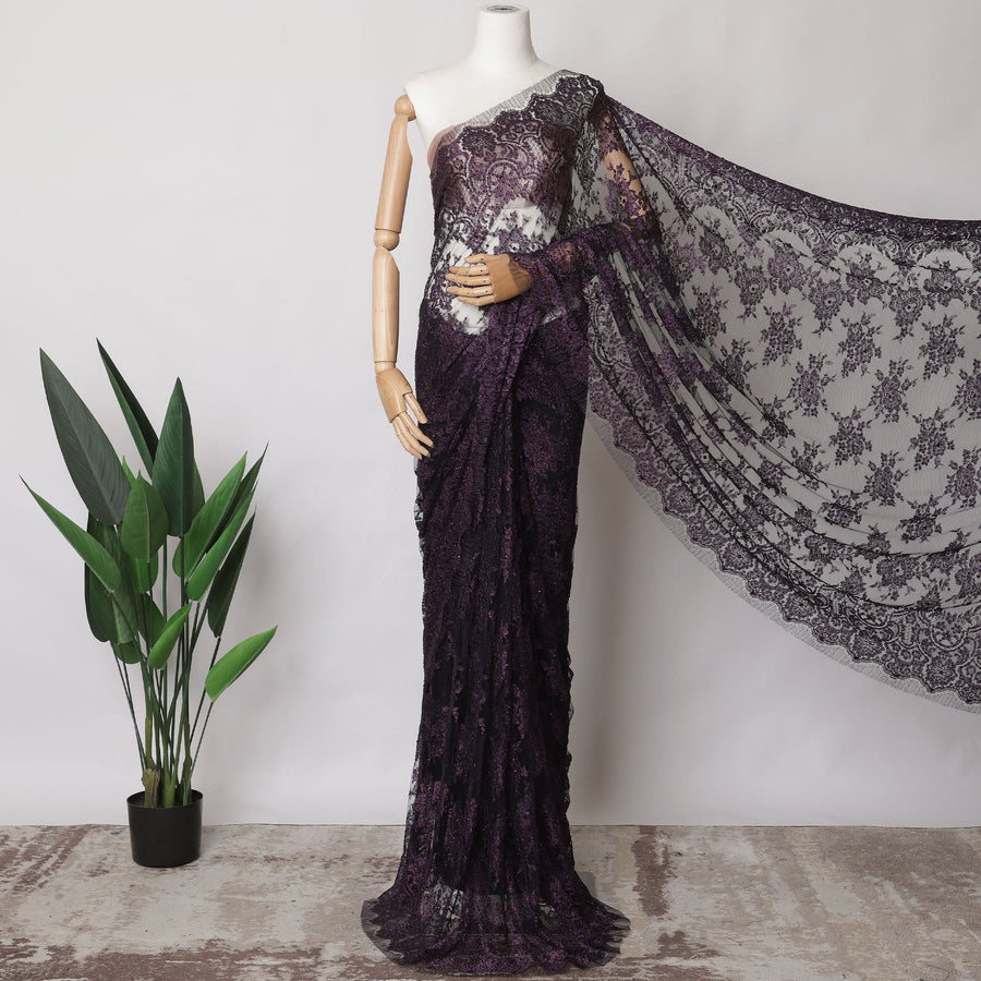 Deep Purple Metallic French Chantilly Lace Fabric with Stone Work, 5.5 Meters, 110 cm Width-EC-402-0021464