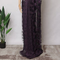 Deep Purple Metallic French Chantilly Lace Fabric with Stone Work, 5.5 Meters, 110 cm Width-EC-402-0021464