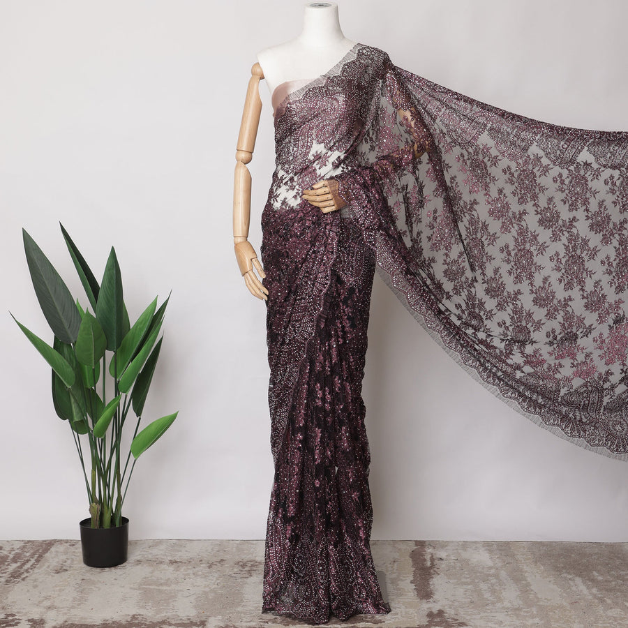 Plum Metallic French Chantilly Lace Fabric with Stone Work, 5.5 Meters, 110 cm Width-EC-402-0021465