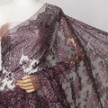 Plum Metallic French Chantilly Lace Fabric with Stone Work, 5.5 Meters, 110 cm Width-EC-402-0021465