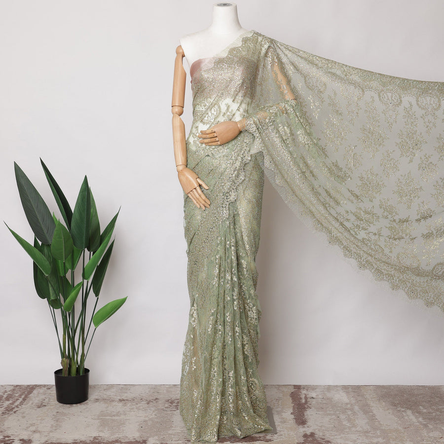 Sage Green Metallic French Chantilly Lace Fabric with Stone Work, 5.5 Meters, 110 cm Width-EC-402-0021469 Regal Fabrics