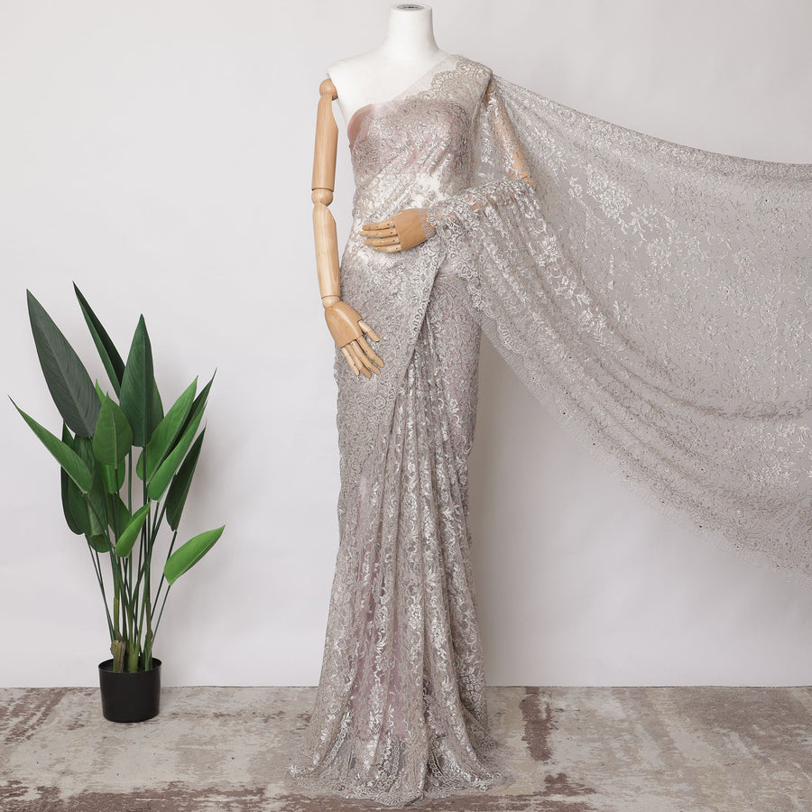 Light Purple, Grey Metallic French Chantilly Lace Fabric with Stone Work, 5.5 Meters, 110 cm Width-EC-402-0021470