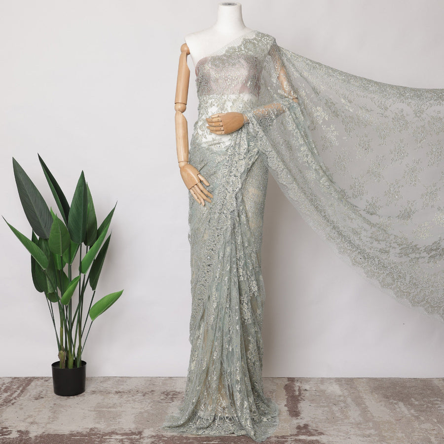 Soft Mint Metallic French Chantilly Lace Fabric with Stone Work, 5.5 Meters, 110 cm Width-EC-402-0021472 Regal Fabrics