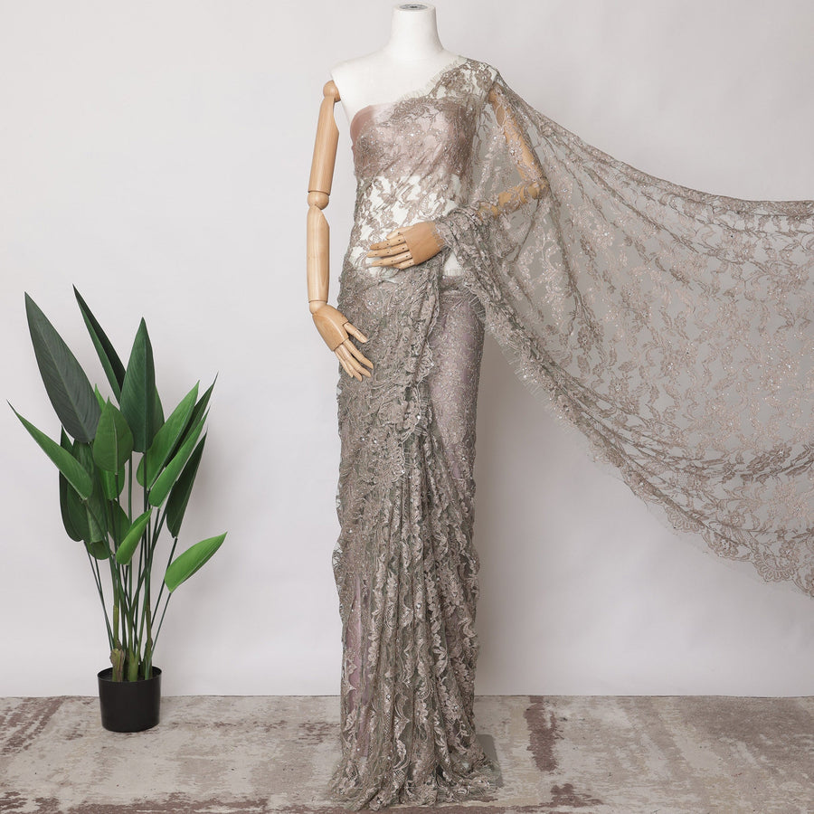 Taupe, Mint Green French 2tone Chantilly Lace Fabric with Stone Work, 5.5 Meters, 110 cm Width-EC-402-0021475 Regal Fabrics