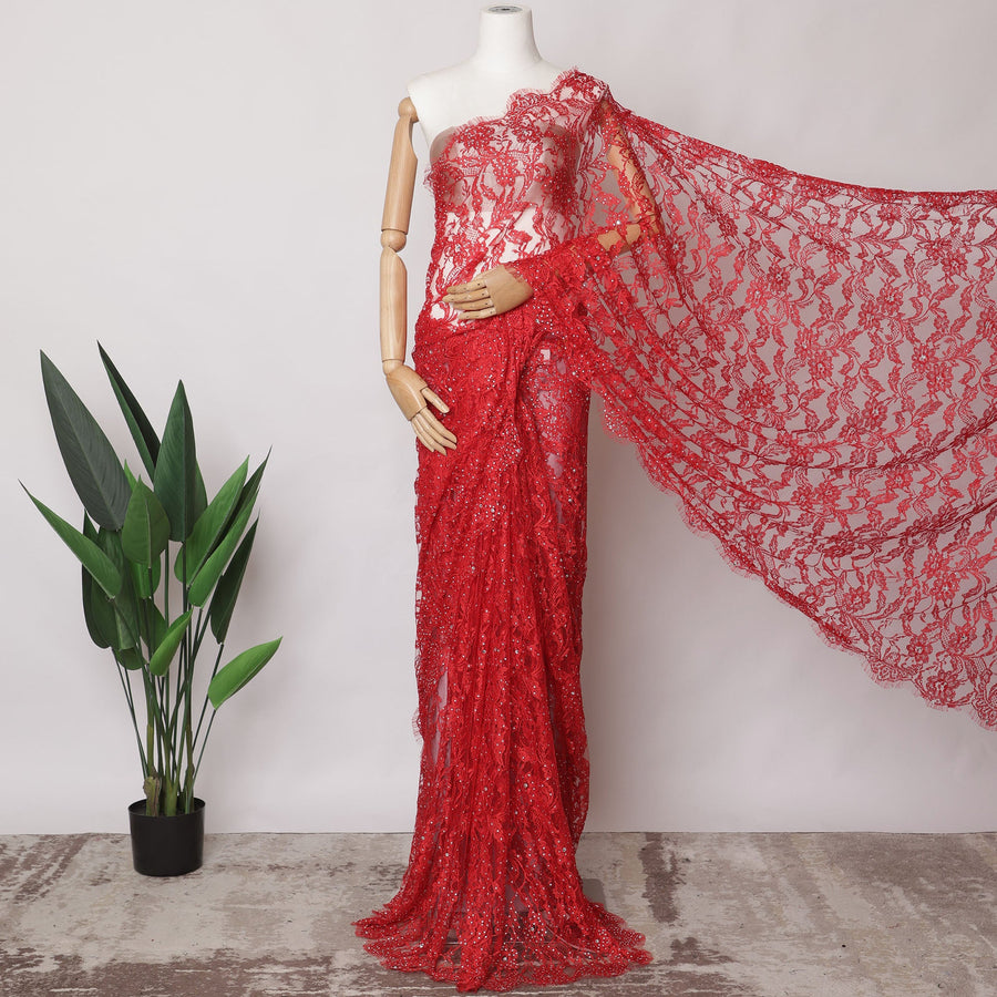 Scarlet Red French Chantilly Lace Fabric with Stone Work, 5.5 Meters, 110 cm Width-EC-402-0021477