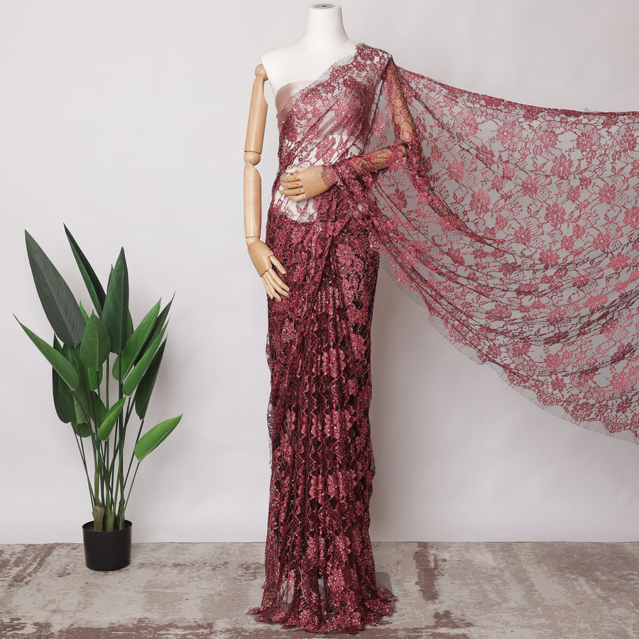 قماش دانتيل شانتيلي فرنسي باللونين الأحمر والأسود مع زخارف حجرية، 5.5 متر، عرض 110 سم-EC-402-0021478