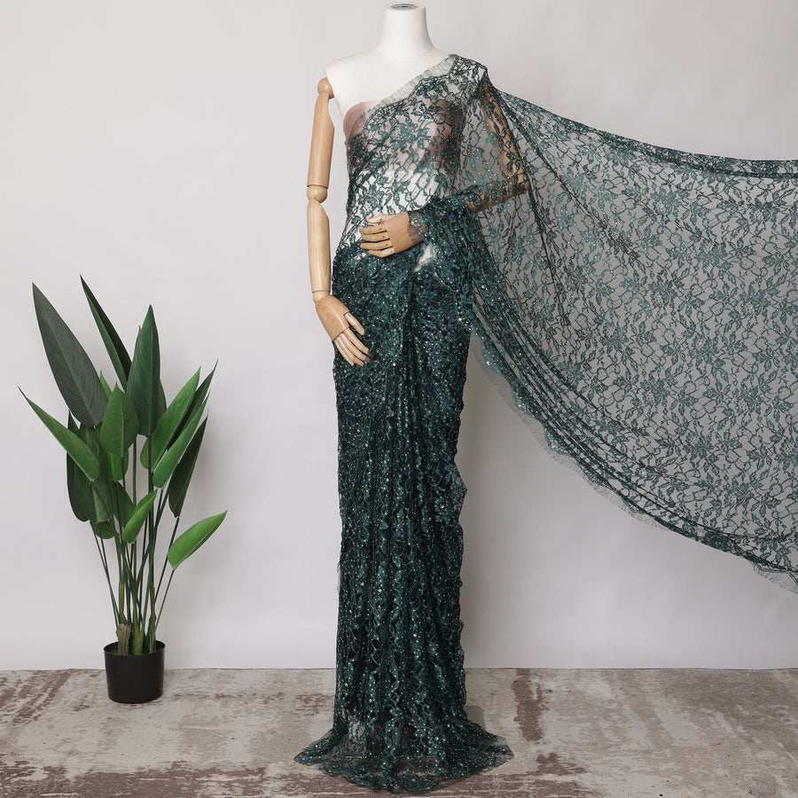 Forest Green, Black French 2tone Chantilly Lace Fabric with Stone Work, 5.5 Meters, 110 cm Width-EC-402-0021479