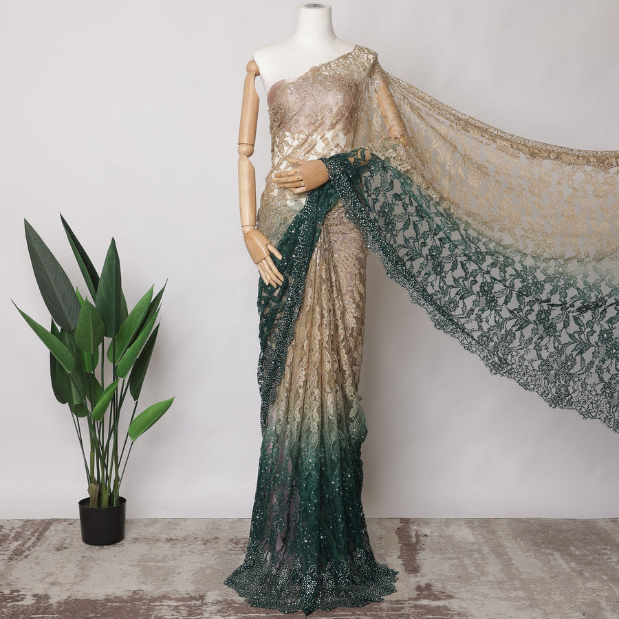 Gold and Green Ombre French Chantilly Lace Fabric with Stone Work, 5.5 Meters, 110 cm Width-EC-402-0021482