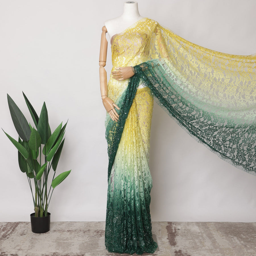 Yellow and Green Ombre French Chantilly Lace Fabric with Stone Work, 5.5 Meters, 110 cm Width-EC-402-0021483 Regal Fabrics
