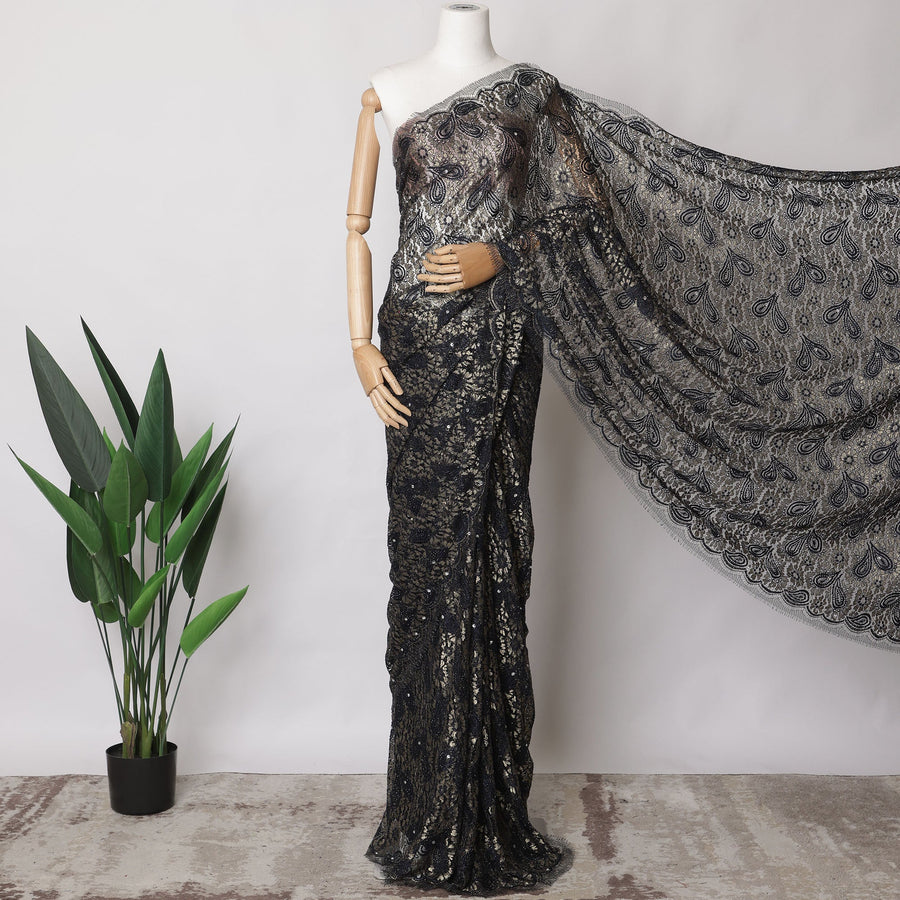 Navy Blue and Gold Metallic French Chantilly Lace Fabric with Stone Work, 5.5 Meters, 110 cm Width-EC-402-0021536