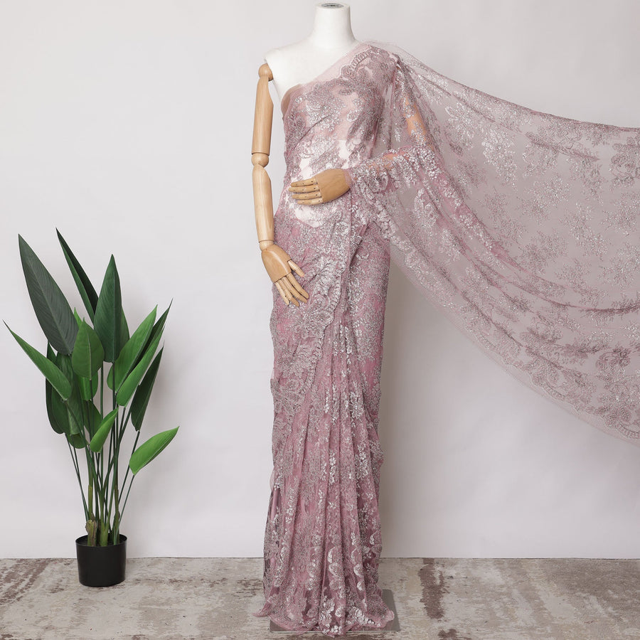 Dusty Pink Metallic French Chantilly Lace Fabric with Stone Work, 5.5 Meters, 110 cm Width-EC-402-0021537 Regal Fabrics