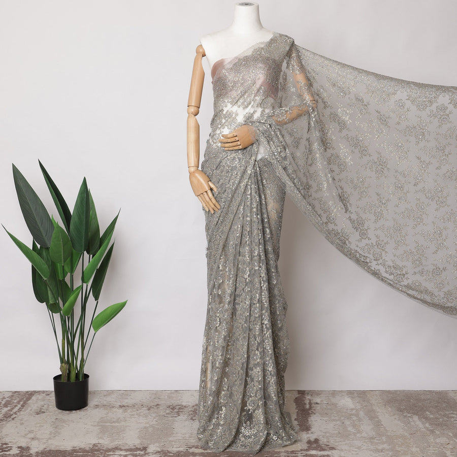 Silver Grey Metallic French Chantilly Lace Fabric with Stone Work, 5.5 Meters, 110 cm Width-EC-402-0021538