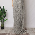 Silver Grey Metallic French Chantilly Lace Fabric with Stone Work, 5.5 Meters, 110 cm Width-EC-402-0021538