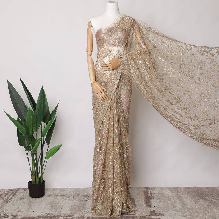 Champagne Gold Metallic French Chantilly Lace Fabric with Stone Work, 5.5 Meters, 110 cm Width-EC-402-0021539