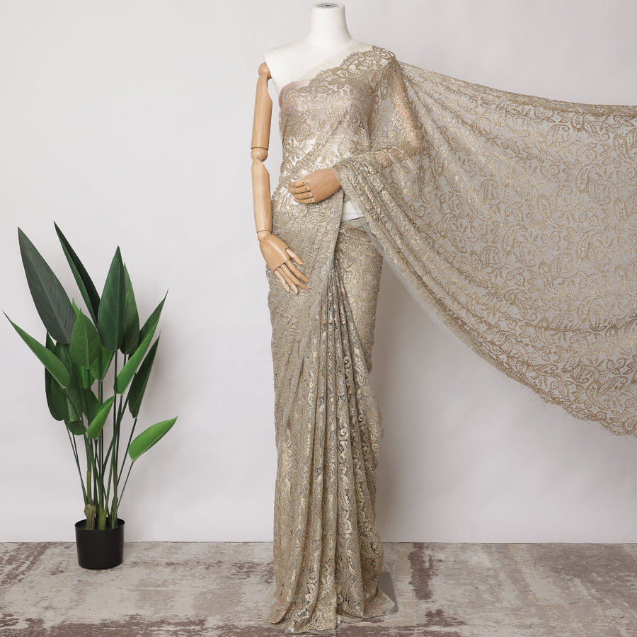 Golden Beige Metallic French Chantilly Lace Fabric with Stone Work, 5.5 Meters, 110 cm Width-EC-402-0021540